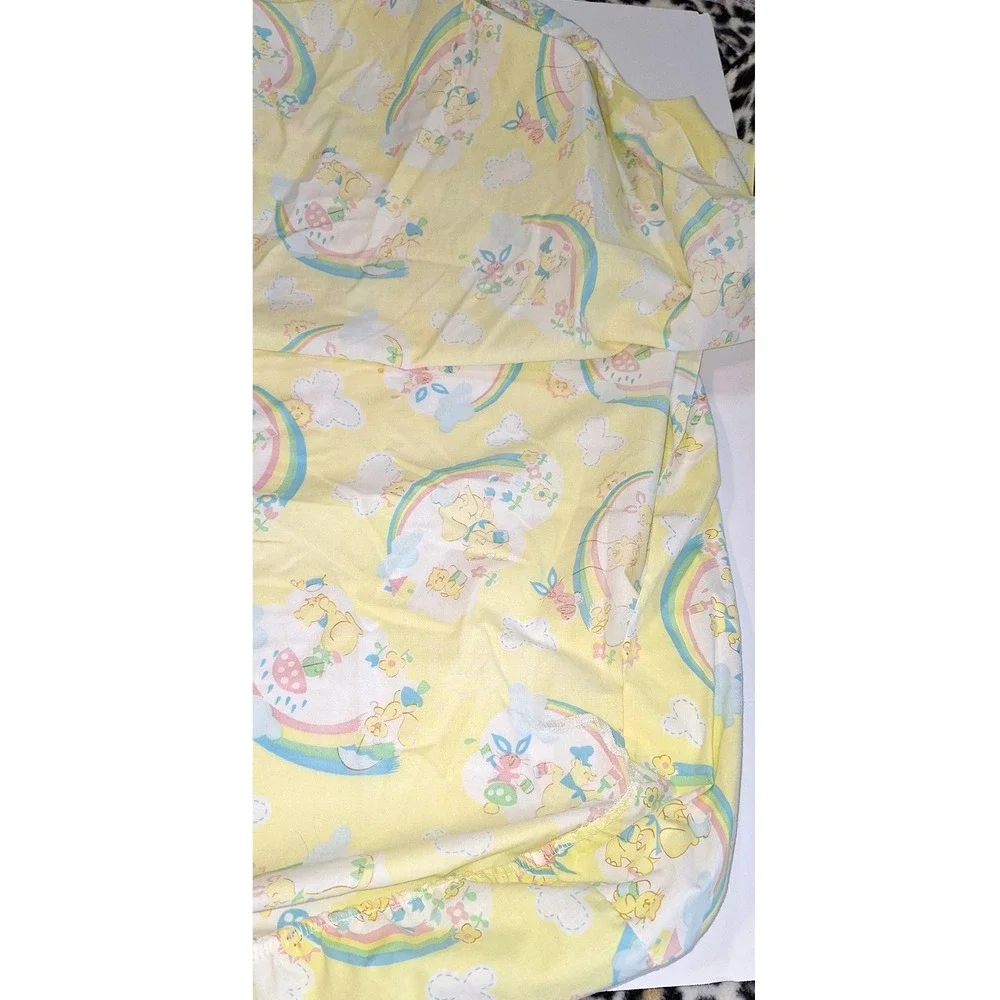 Vtg 1991 rabbit bear Fitted baby Crib Sheet Yellow Rainbow Kendall Company
